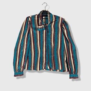 Bethany Striped Blouse Women 3/4 Teal‎ Burgundy Vintage Secretary Bow